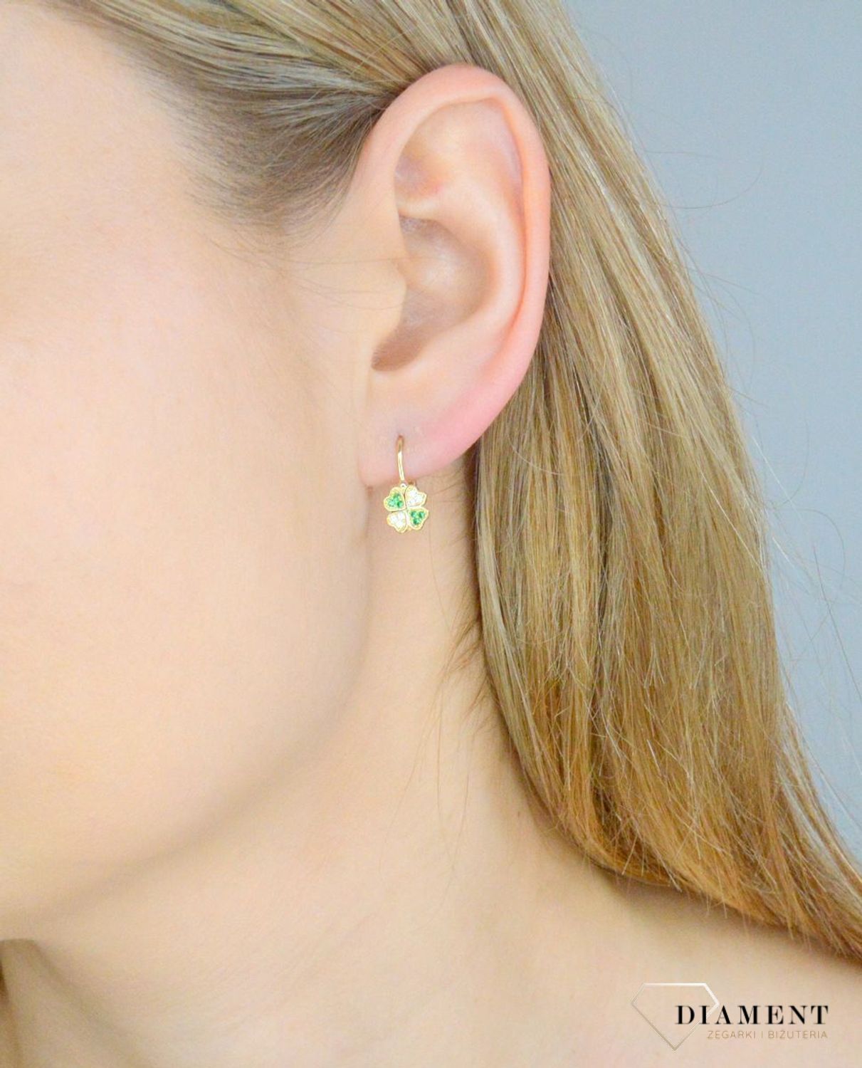 Złote kolczyki damskie 585 koniczynki z cyrkoniami KL 10201C.jpg